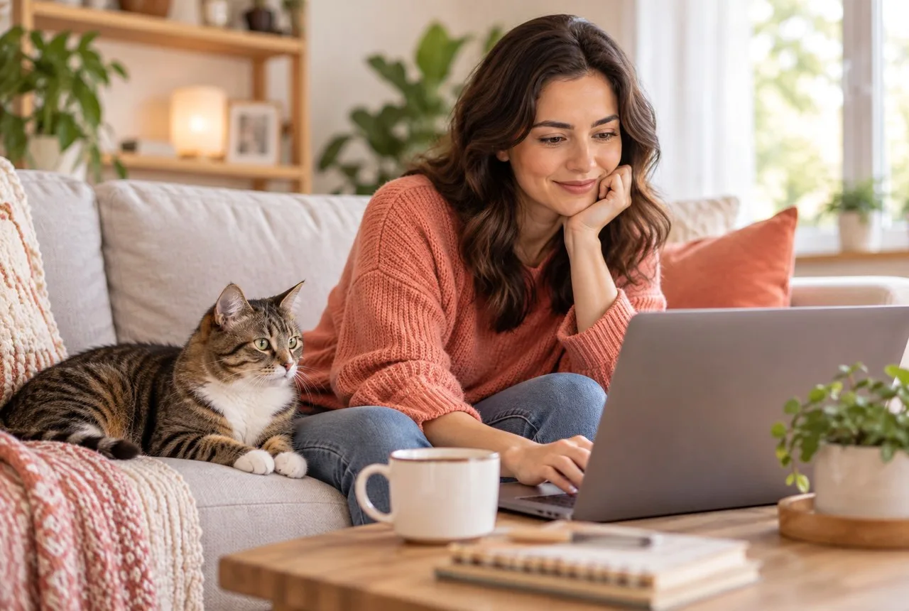 Owner sitting beside a tabby cat while comparing information on a laptop